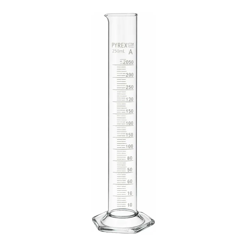Merck Pyrex Measuring cylinder with spout, class A with white graduations