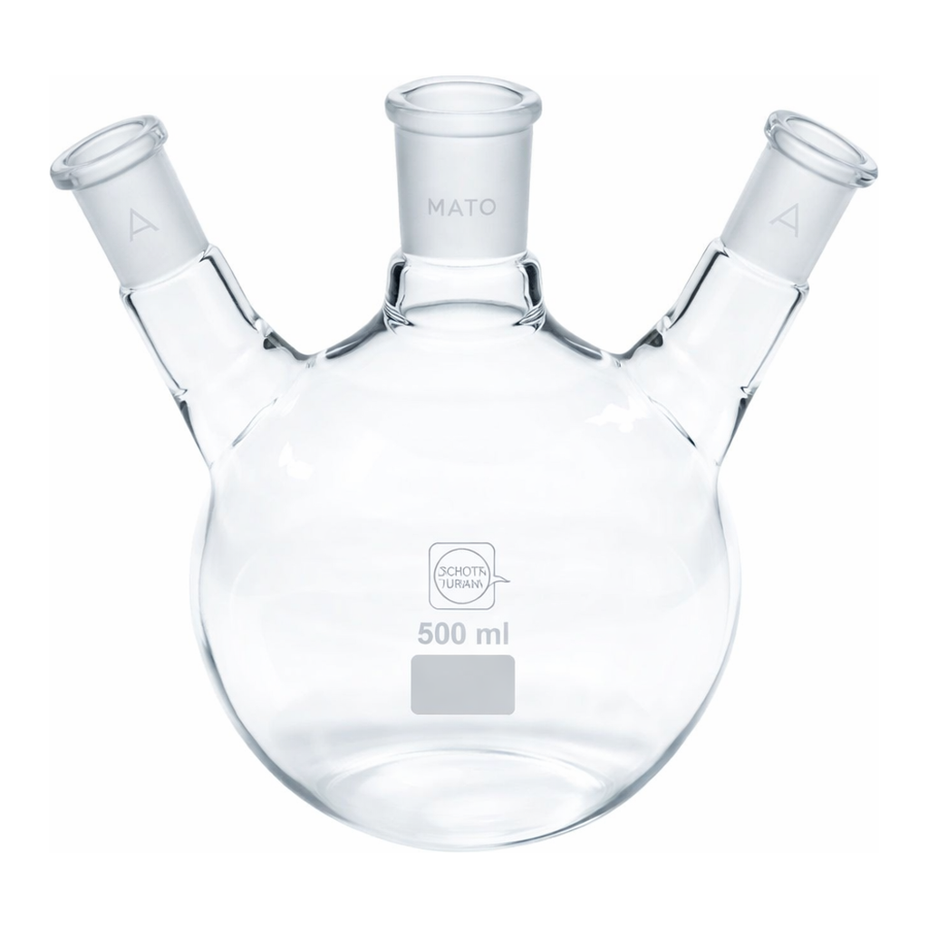 Merck Quickfit three-neck round-bottom flasks with angled necks