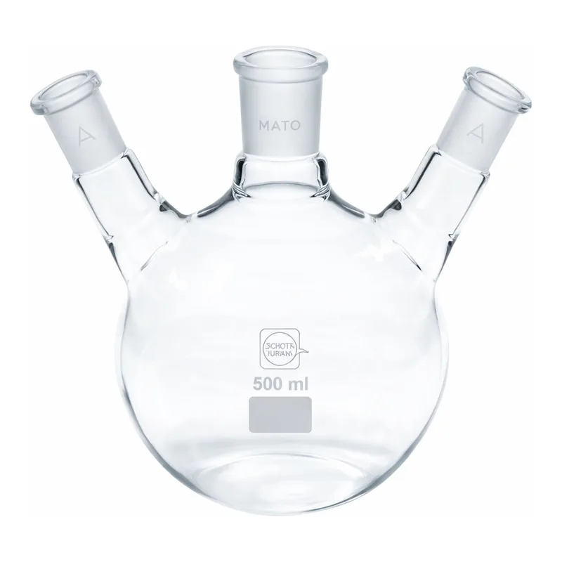 Merck Quickfit three-neck round-bottom flasks with angled necks