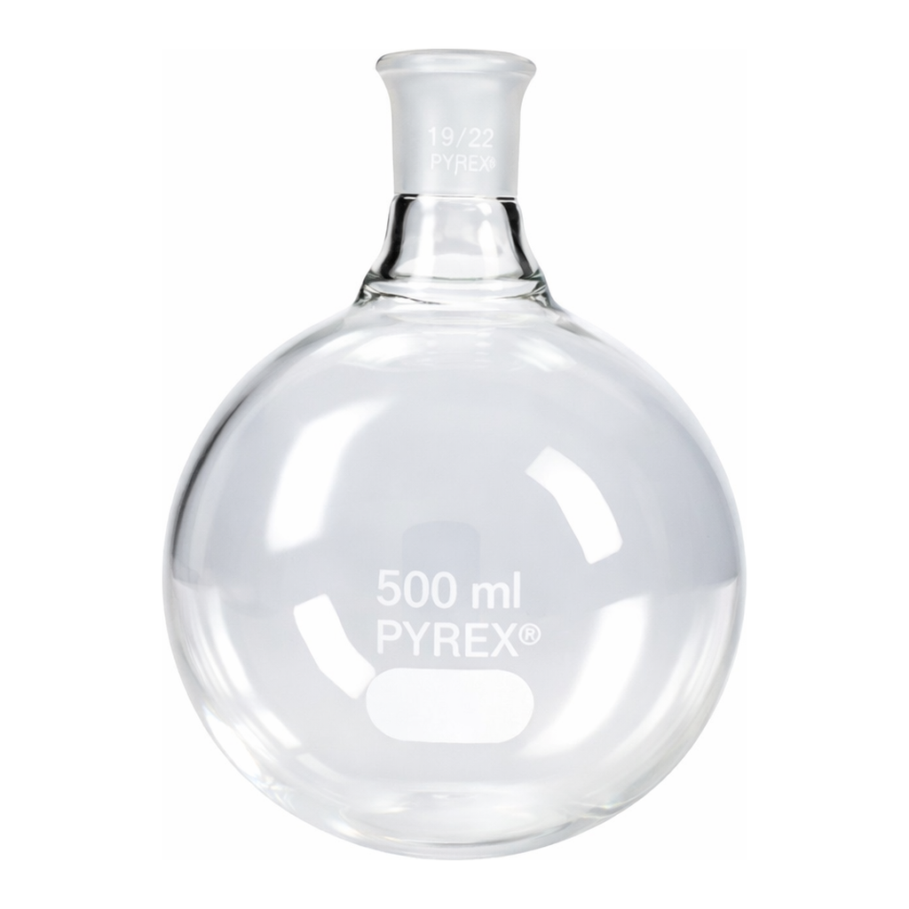 Merck Pyrex round-bottom boiling flask, short neck