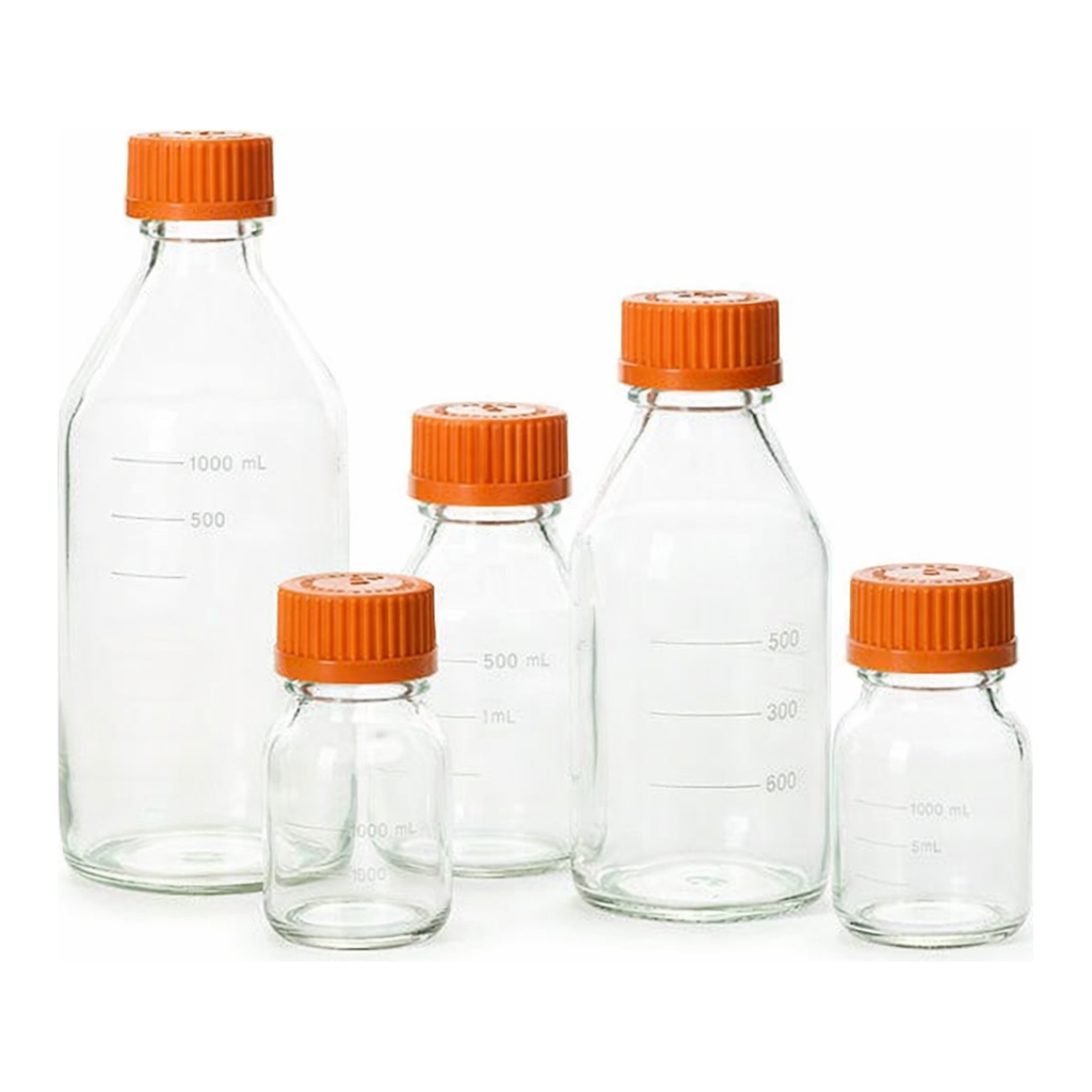 Merck Pyrex round media storage bottles and reusable screw caps