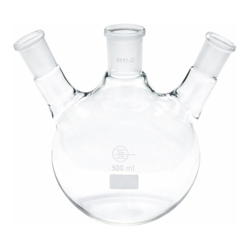 Merck Quickfit three-neck round-bottom flasks with angled necks