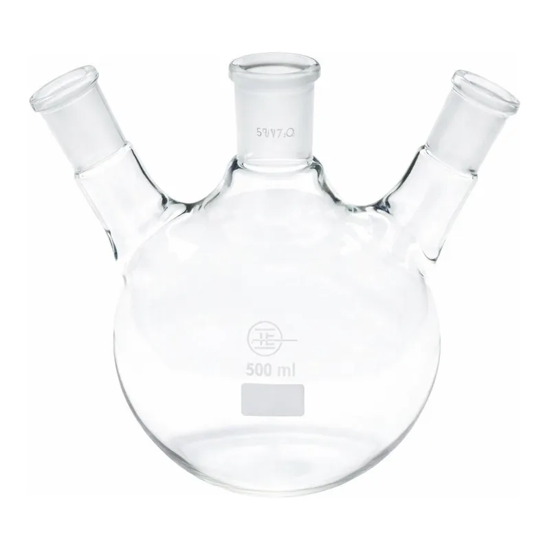 Merck Quickfit three-neck round-bottom flasks with angled necks