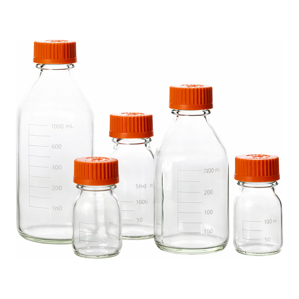 Merck Pyrex round media storage bottles and reusable screw caps