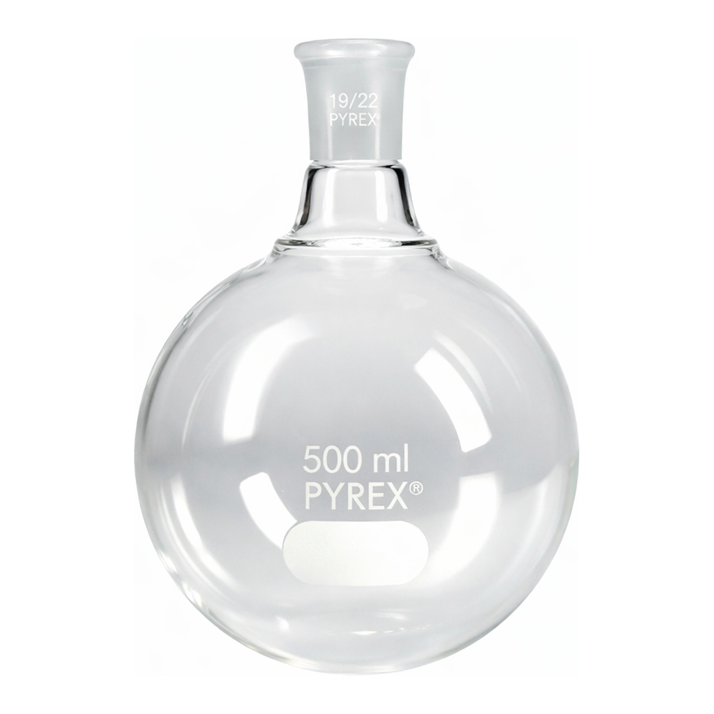 Merck Pyrex round-bottom boiling flask, short neck