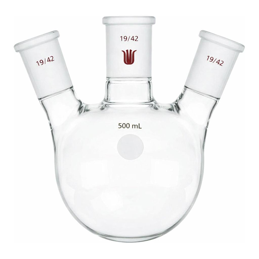 Merck Synthware three neck round bottom flask with angled side necks