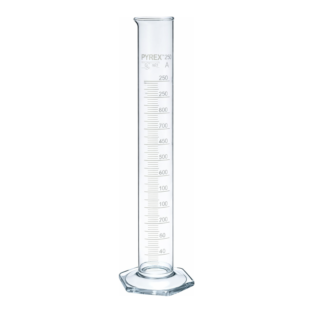 Merck Pyrex Measuring cylinder with spout, class A with white graduations