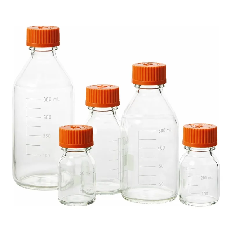 Merck Pyrex round media storage bottles and reusable screw caps