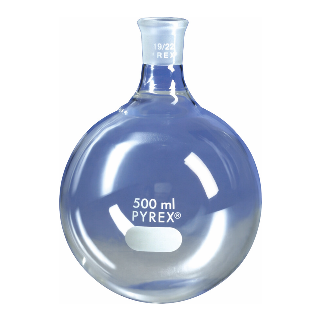Merck Pyrex round-bottom boiling flask, short neck