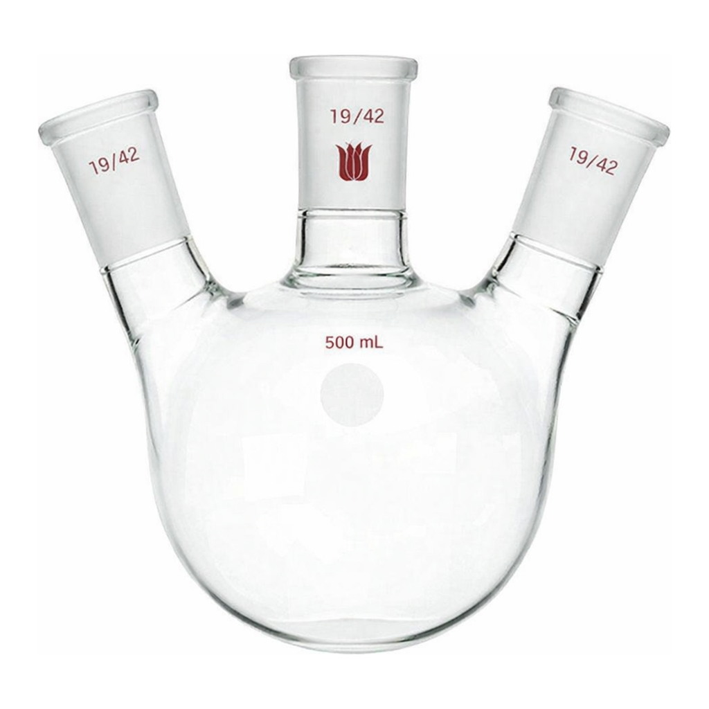 Merck Synthware three neck round bottom flask with angled side necks