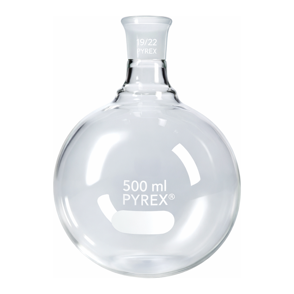 Merck Pyrex round-bottom boiling flask, short neck