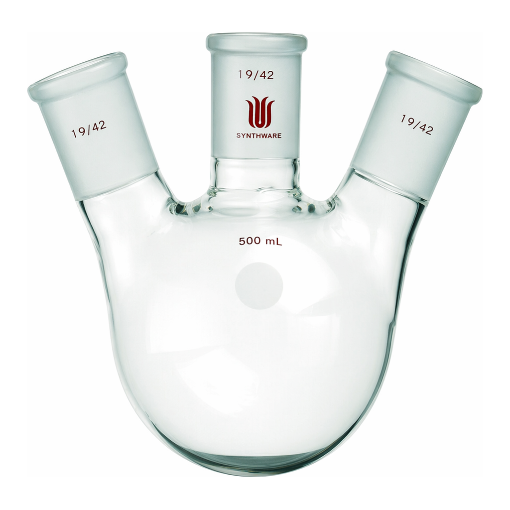 Merck Synthware three neck round bottom flask with angled side necks