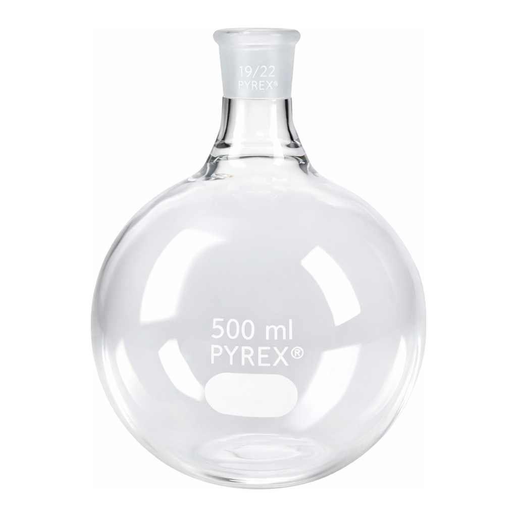 Merck Pyrex round-bottom boiling flask, short neck
