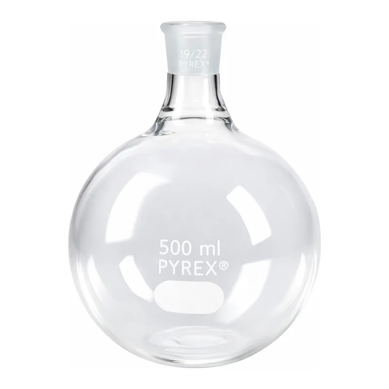Merck Pyrex round-bottom boiling flask, short neck