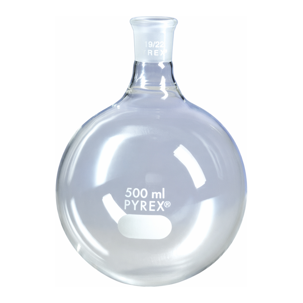 Merck Pyrex round-bottom boiling flask, short neck