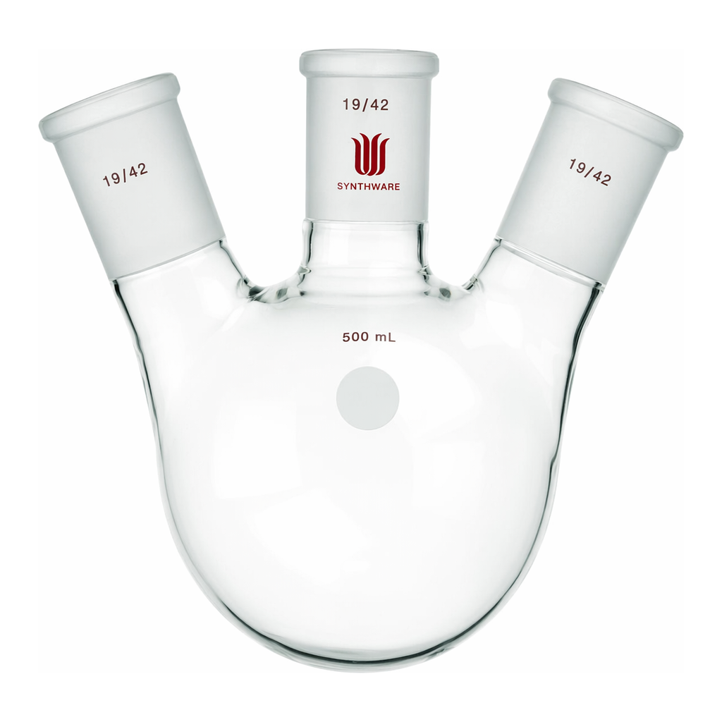 Merck Synthware three neck round bottom flask with angled side necks