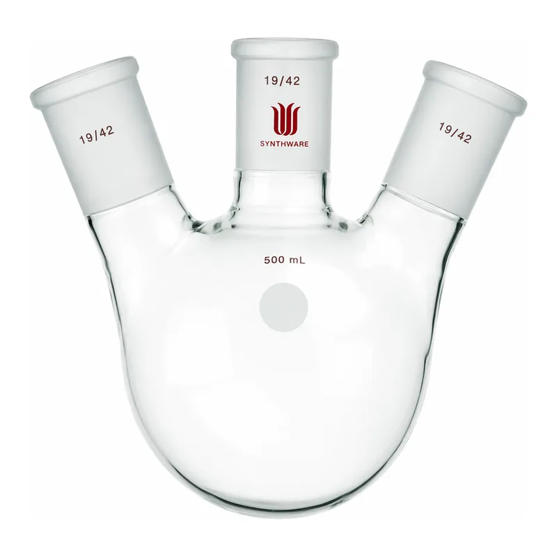 Merck Synthware three neck round bottom flask with angled side necks