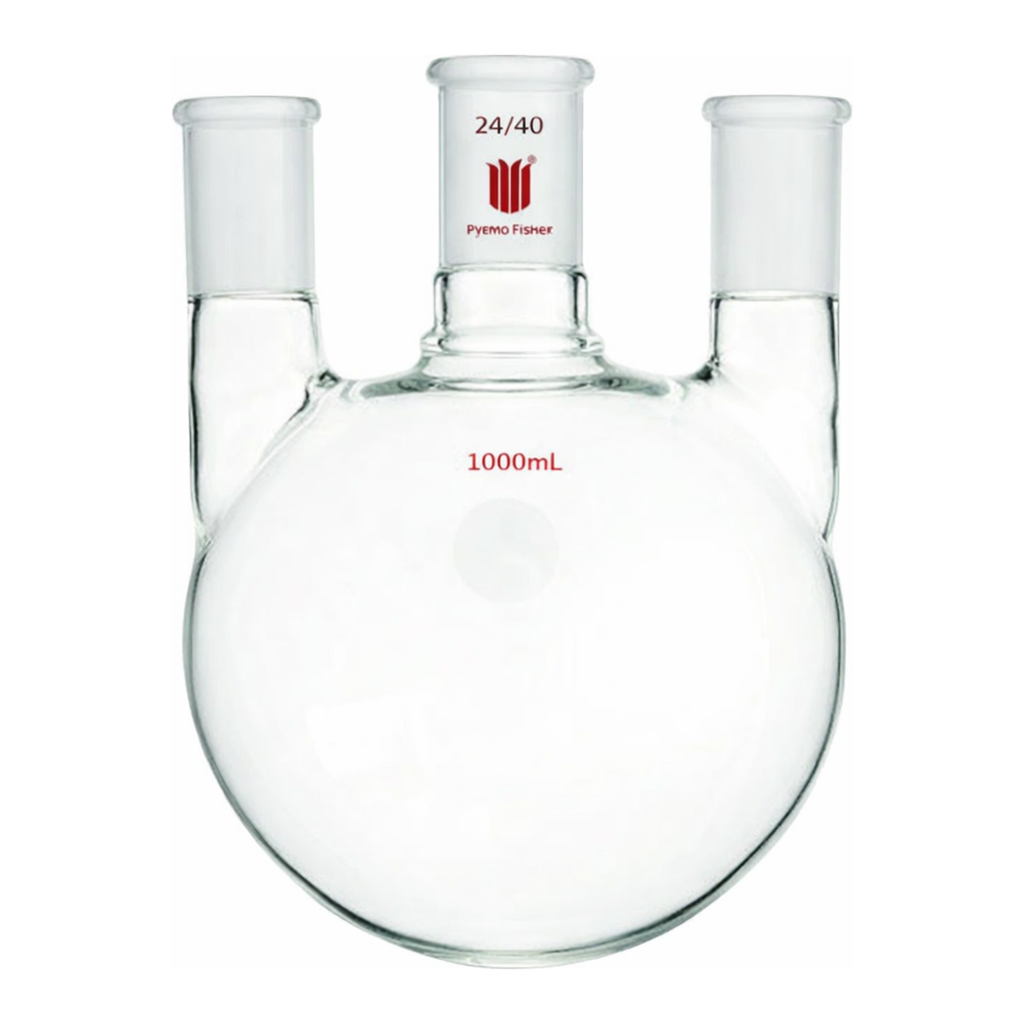 Merck Synthware three neck round bottom flask with vertical side necks