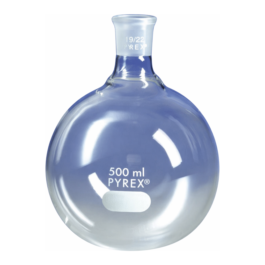 Merck Pyrex round-bottom boiling flask, short neck