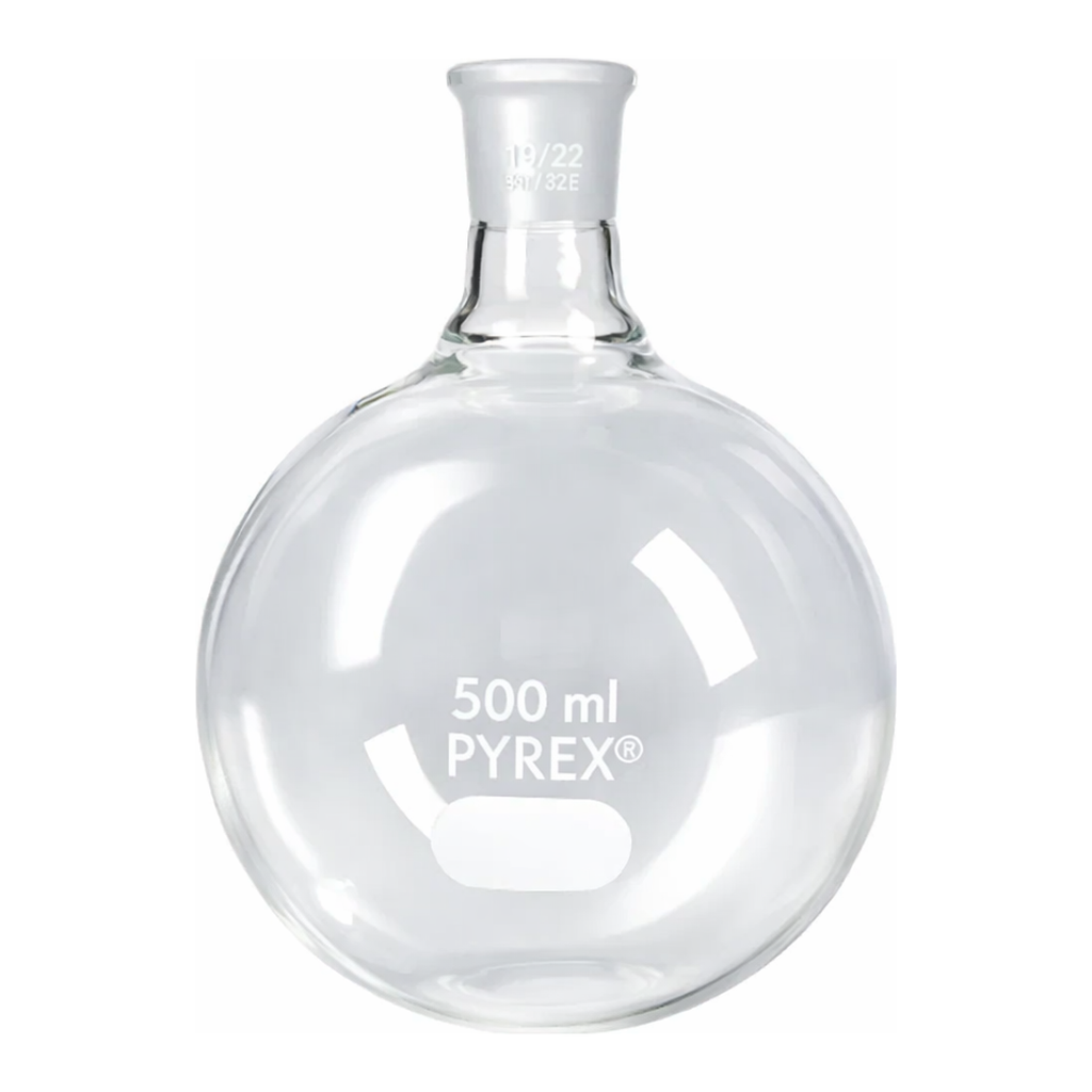 Merck Pyrex round-bottom boiling flask, short neck