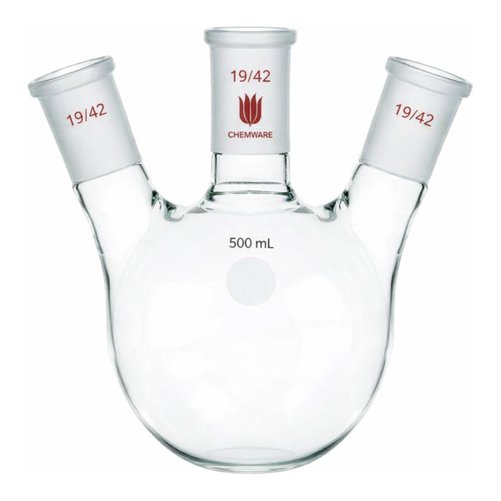 Merck Synthware three neck round bottom flask with angled side necks