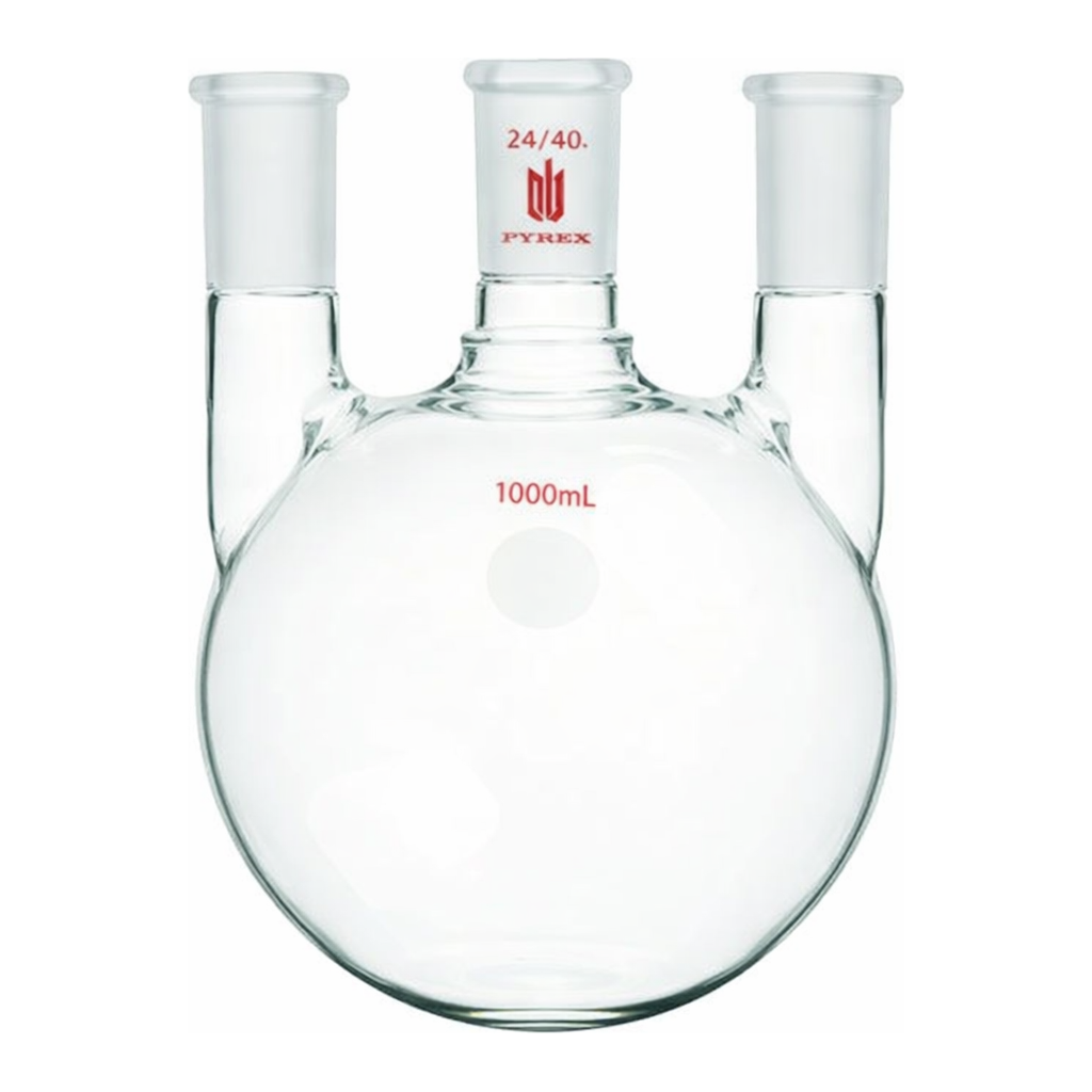 Merck Synthware three neck round bottom flask with vertical side necks