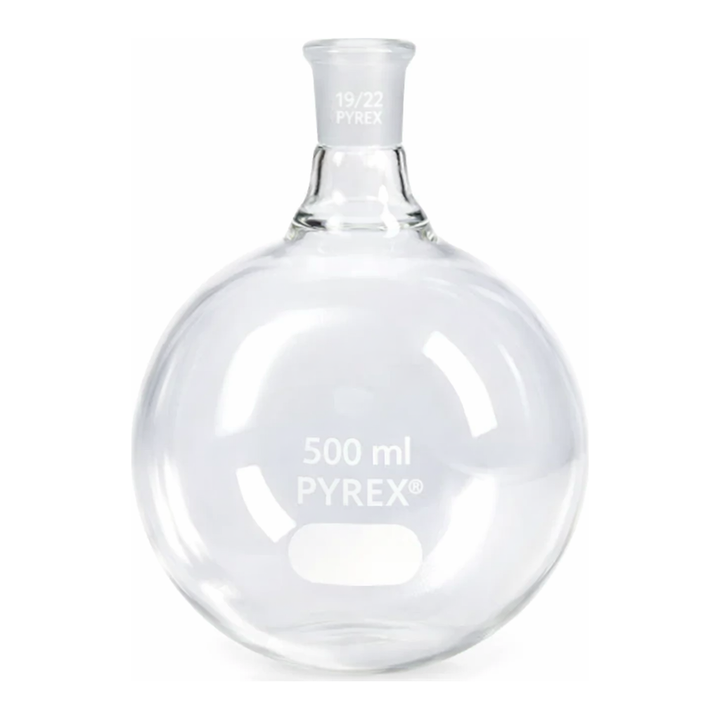 Merck Pyrex round-bottom boiling flask, short neck