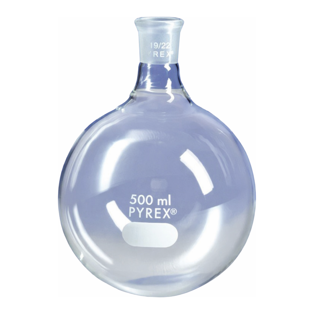 Merck Pyrex round-bottom boiling flask, short neck