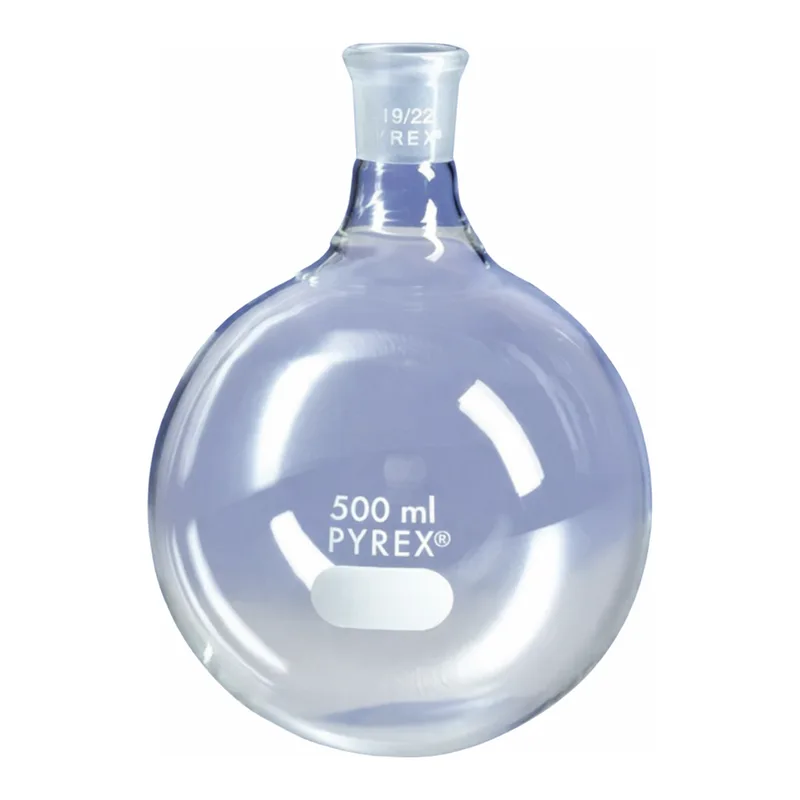 Merck Pyrex round-bottom boiling flask, short neck