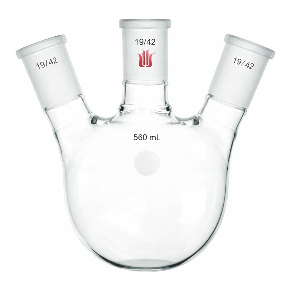 Merck Synthware three neck round bottom flask with angled side necks