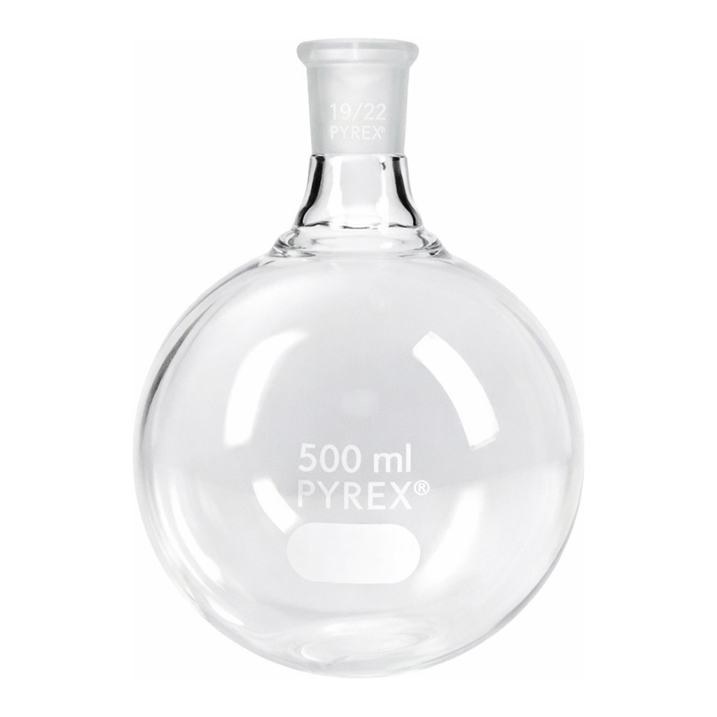 Merck Pyrex round-bottom boiling flask, short neck