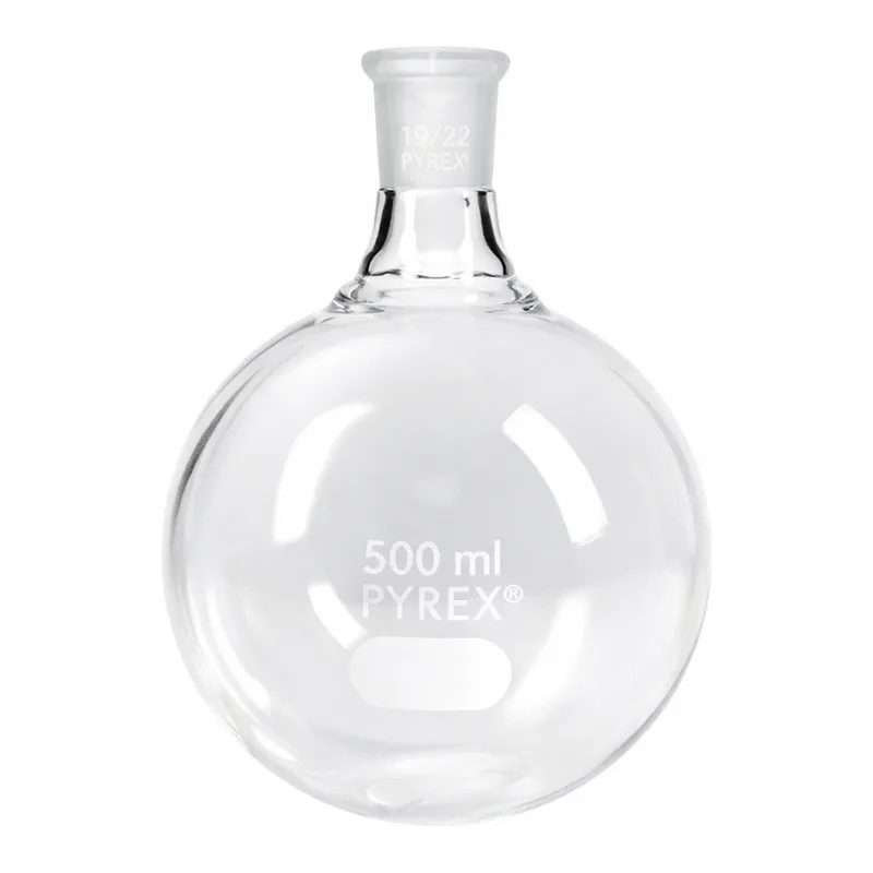 Merck Pyrex round-bottom boiling flask, short neck