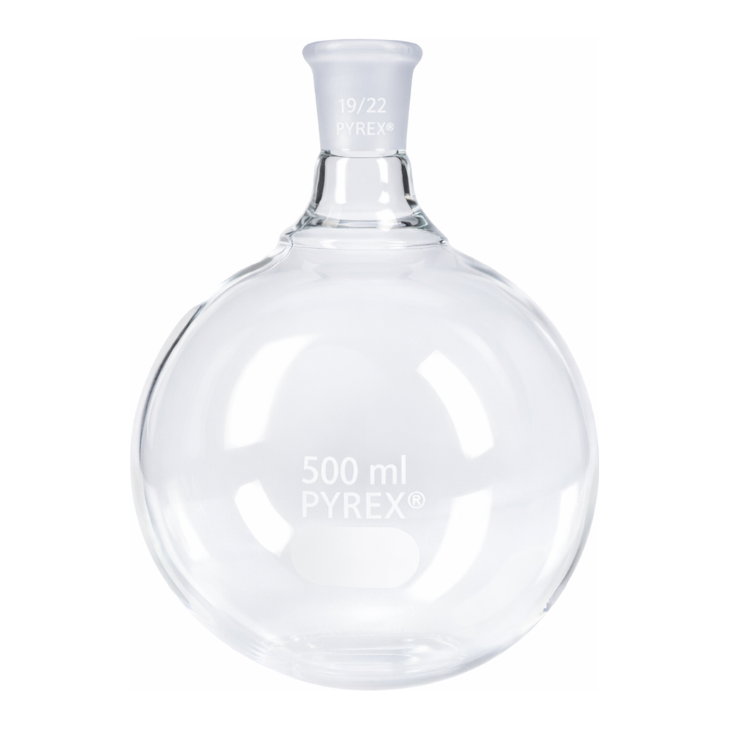 Merck Pyrex round-bottom boiling flask, short neck