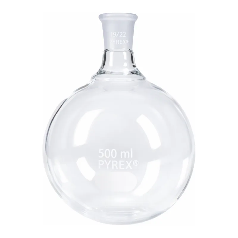 Merck Pyrex round-bottom boiling flask, short neck