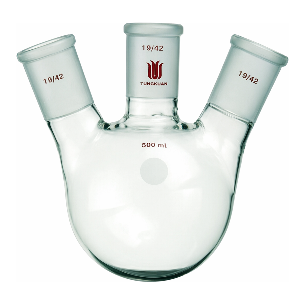 Merck Synthware three neck round bottom flask with angled side necks
