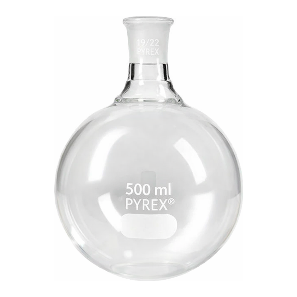 Merck Pyrex round-bottom boiling flask, short neck