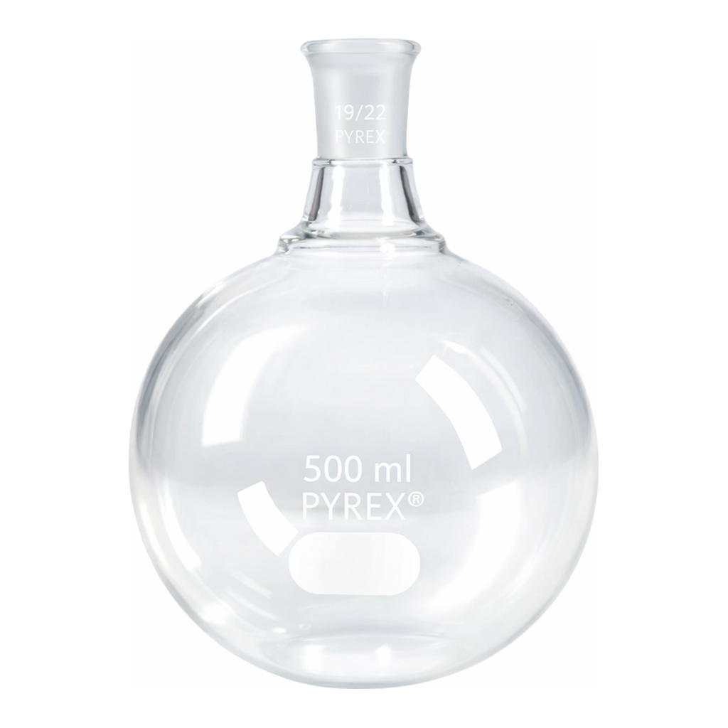 Merck Pyrex round-bottom boiling flask, short neck
