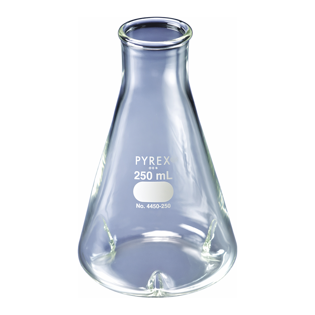 Merck Pyrex baffled shaker flasks with heavy tooled rim
