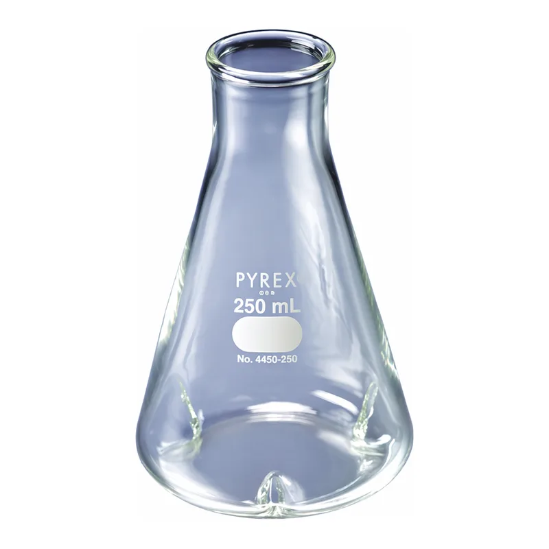 Merck Pyrex baffled shaker flasks with heavy tooled rim