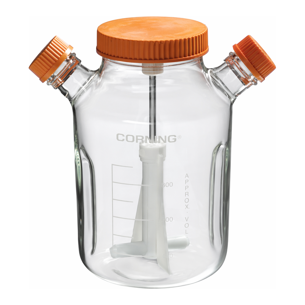 Merck Corning ProCulture glass spinner flask complete, baffled, wide mouth, angled sidearms