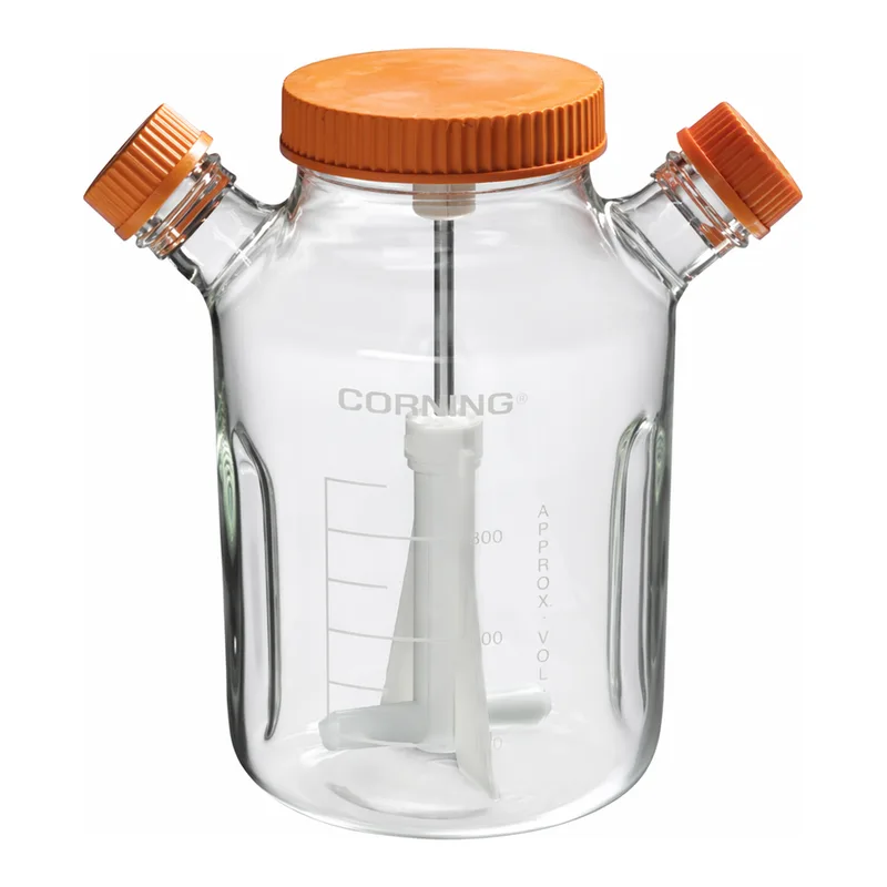 Merck Corning ProCulture glass spinner flask complete, baffled, wide mouth, angled sidearms