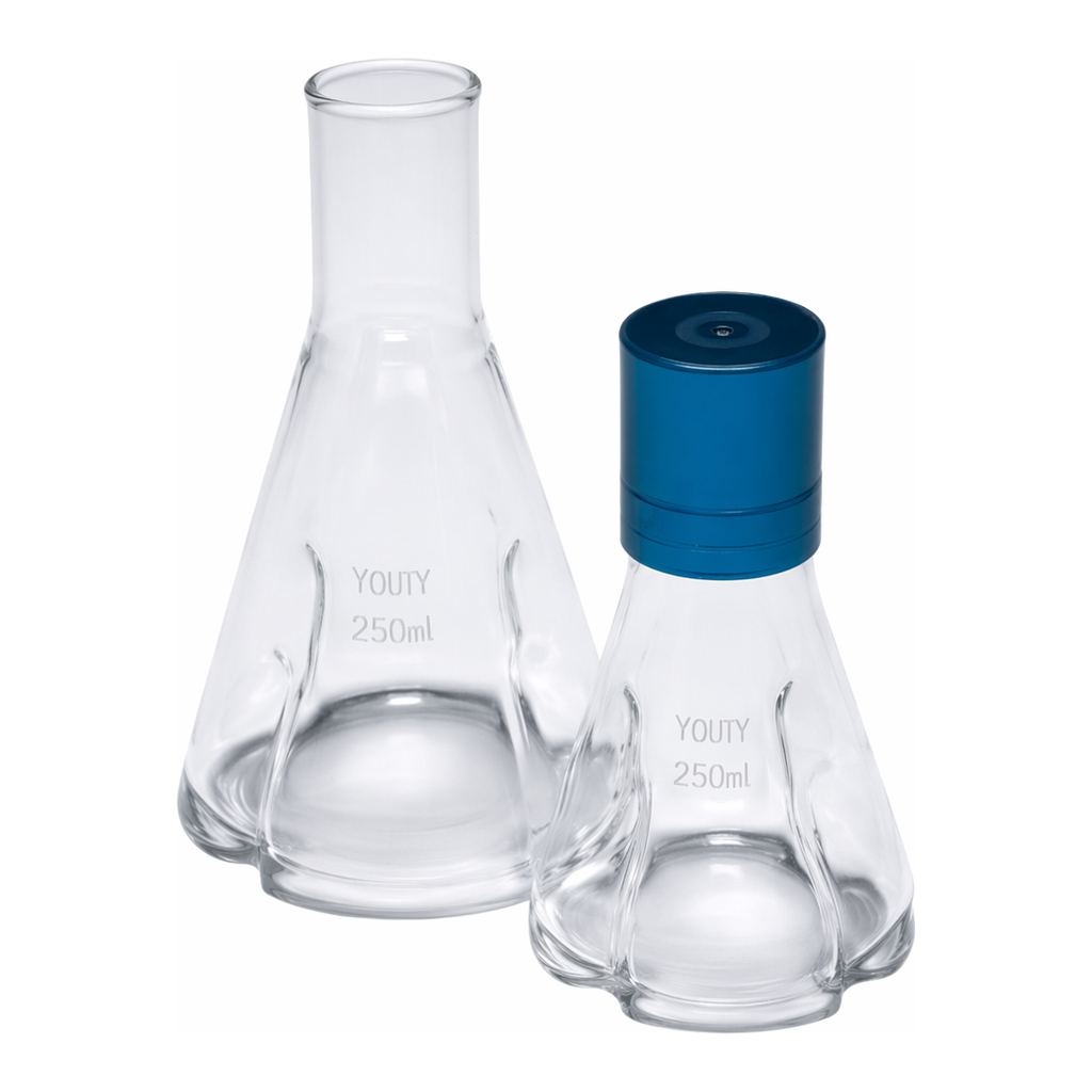 Merck Pyrex Culture flask, baffled, delong neck,
