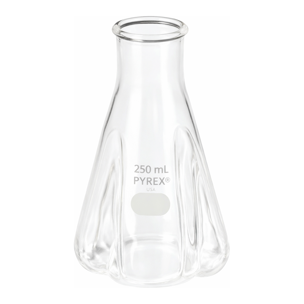 Merck Pyrex baffled trypsinizing flask, with beaded neck