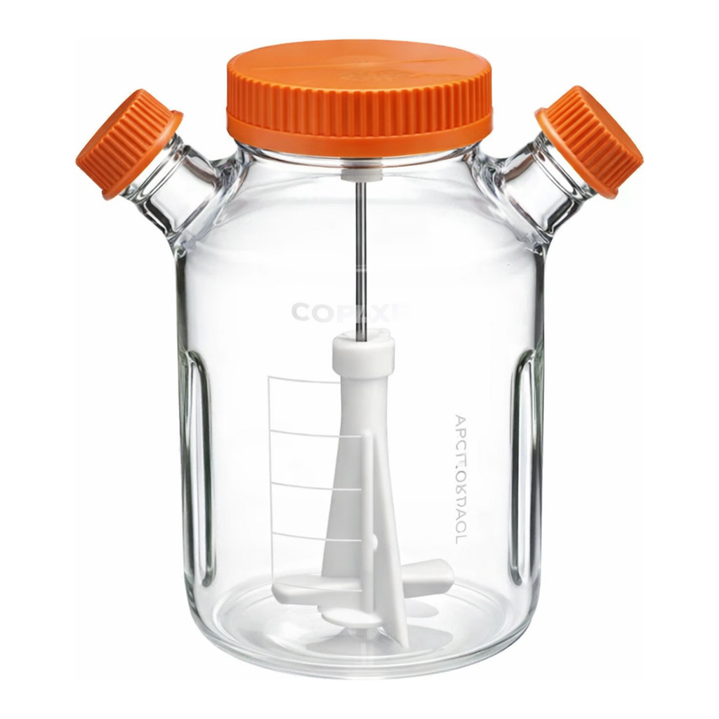 Merck Corning ProCulture glass spinner flask complete, baffled, wide mouth, angled sidearms