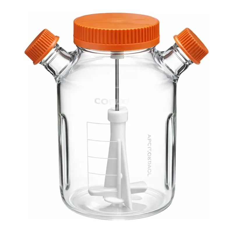 Merck Corning ProCulture glass spinner flask complete, baffled, wide mouth, angled sidearms