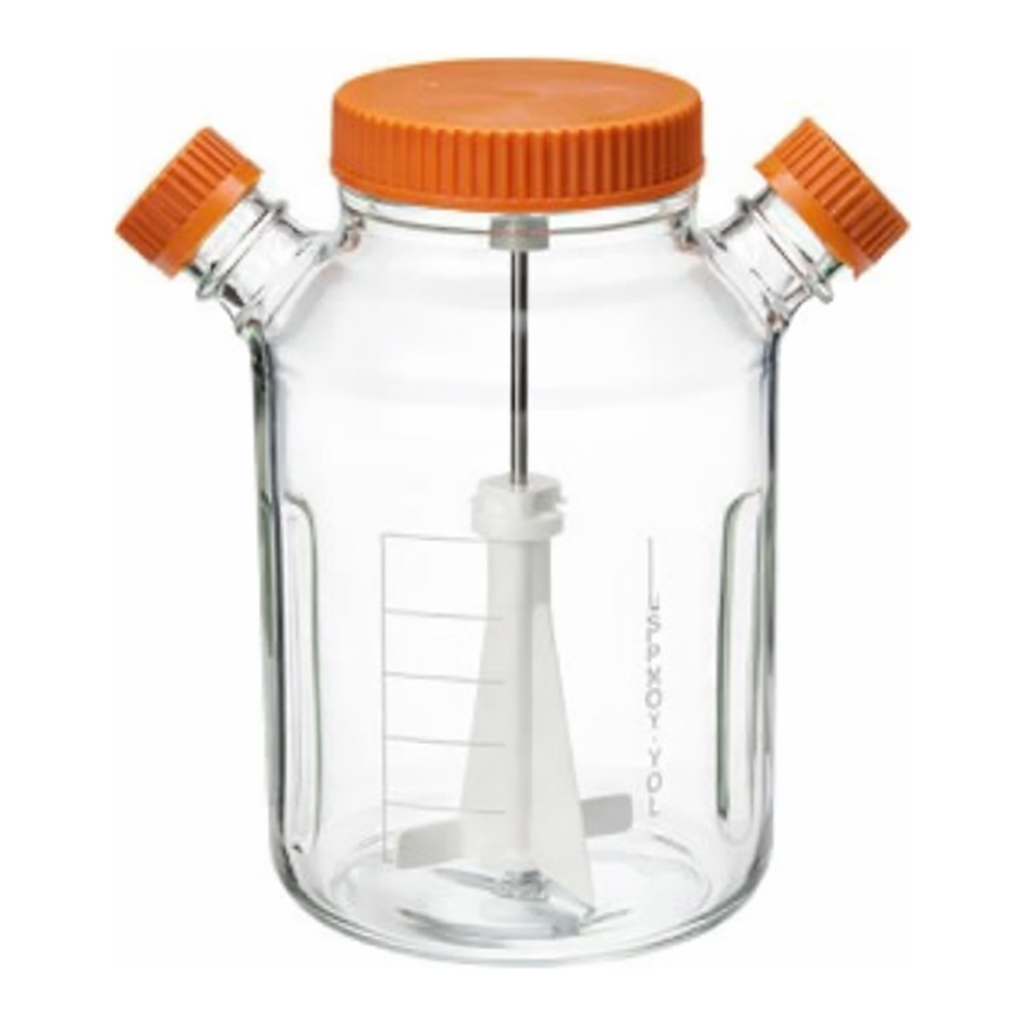 Merck Corning ProCulture glass spinner flask complete, baffled, wide mouth, angled sidearms