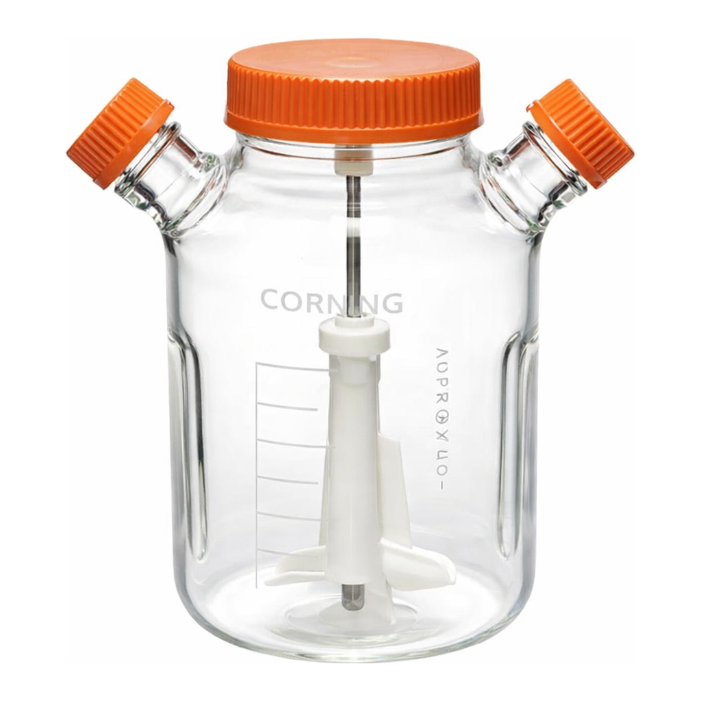 Merck Corning ProCulture glass spinner flask complete, baffled, wide mouth, angled sidearms