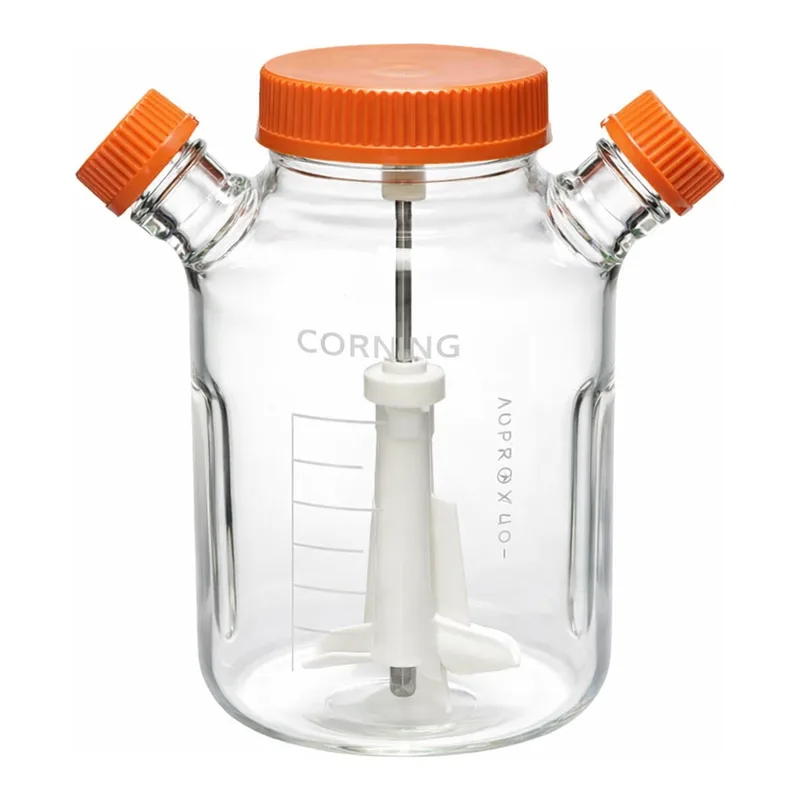 Merck Corning ProCulture glass spinner flask complete, baffled, wide mouth, angled sidearms