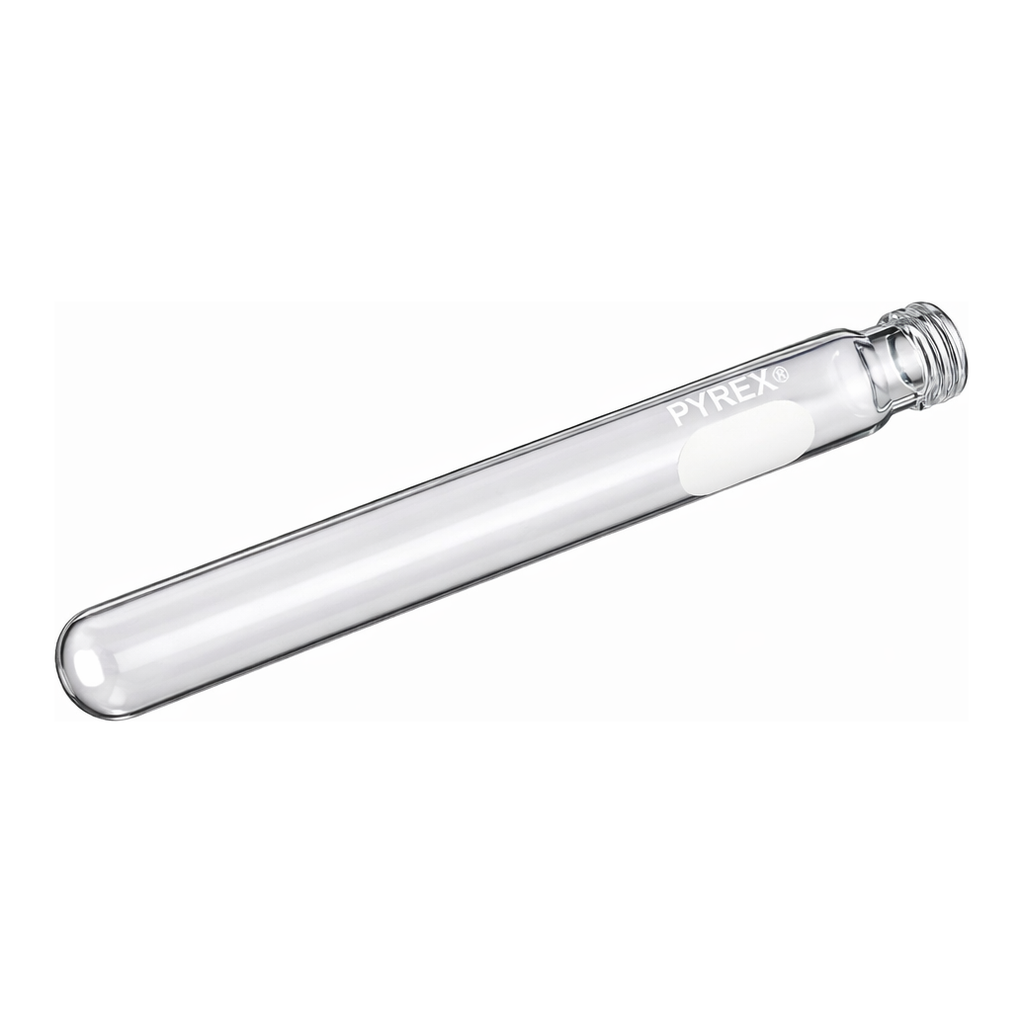 Merck Pyrex disposable culture tubes, screw cap style with white marking spot