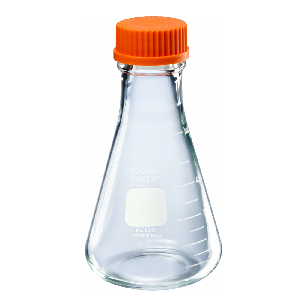Merck Pyrex wide-mouth graduated Erlenmeyer flask with screw-cap